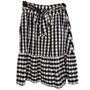 Gingham Midi‎ Skirt Black White Checkered Tie Waist Ruffle Hem Casual S J.Crew